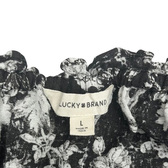 Lucky Brand Women's Boho Peasant Top Size L Black White Floral Print Tassel Tie - Picture 3 of 10